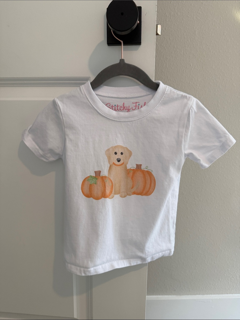 Stitchy Fish White Kids T-Shirt with Puppy & Pumpkin Print